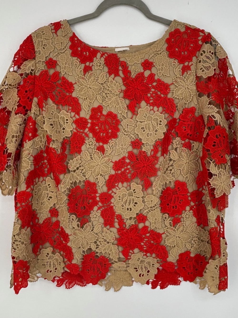 Chico's Size 2 Womens Large Pullover Blouse Red Tan Floral Crochet Sheer Lined